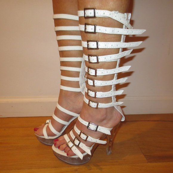 NIB Custom Made Leg Strapped White Leather High Heel Platform Sandals - Picture 3 of 15